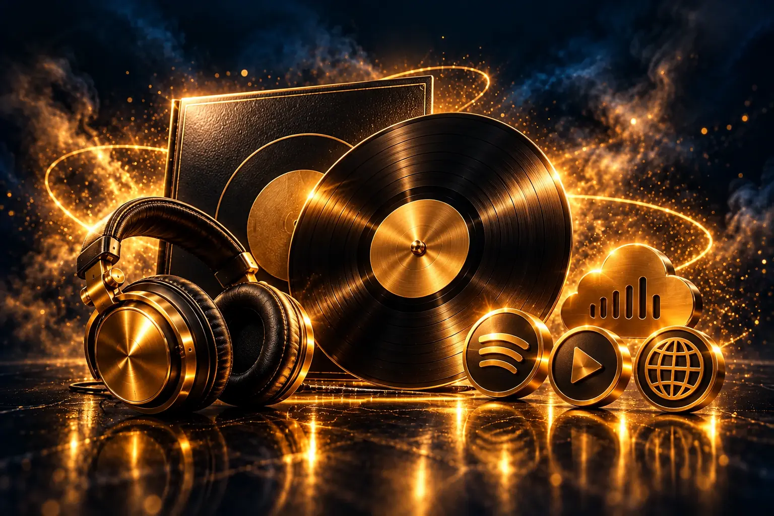 Vinylplaat, platenhoes en studiohoofdtelefoon voor labelservices